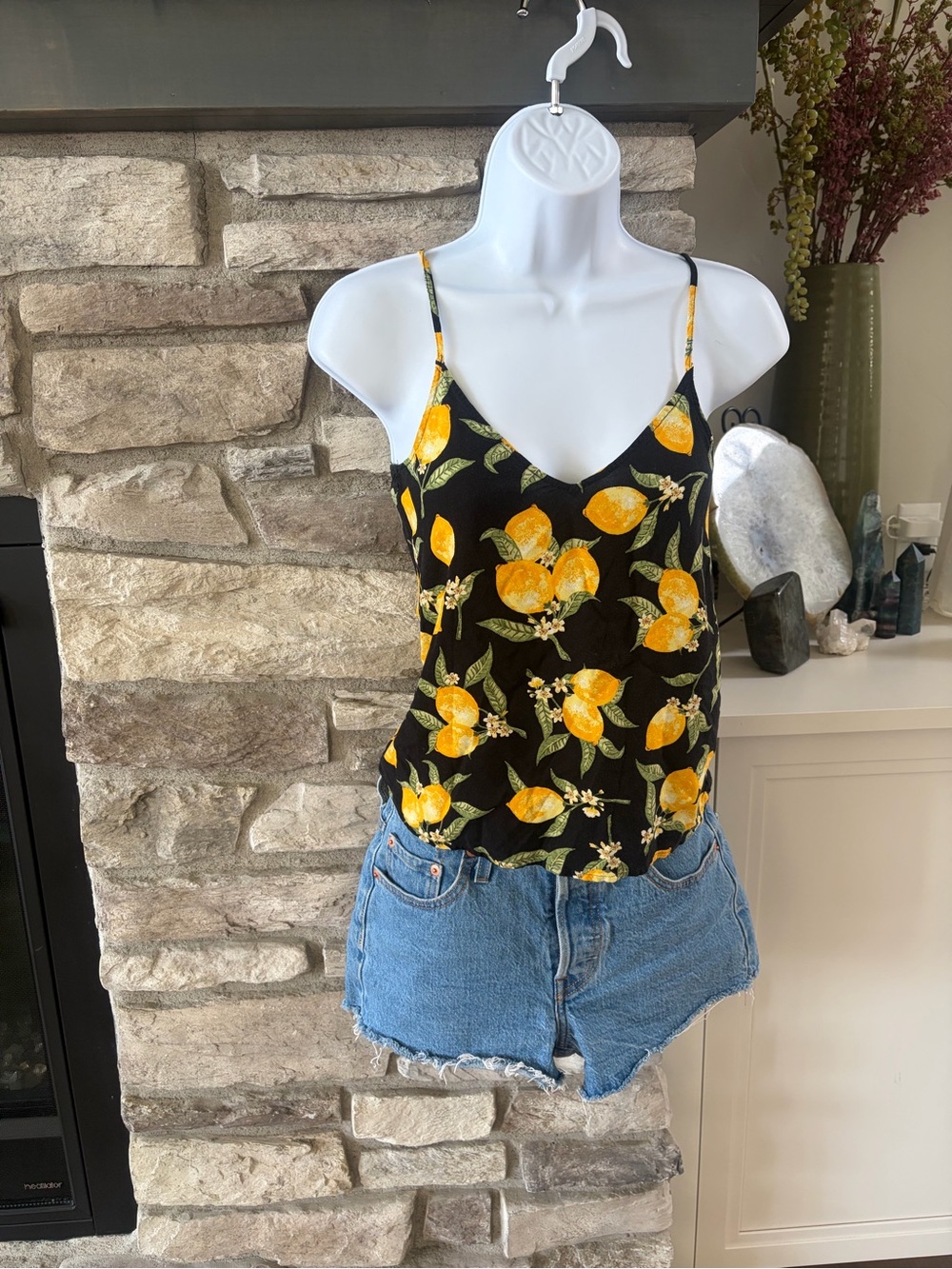 H&M Black Spaghetti-Strap Tank with Yellow Lemon Print